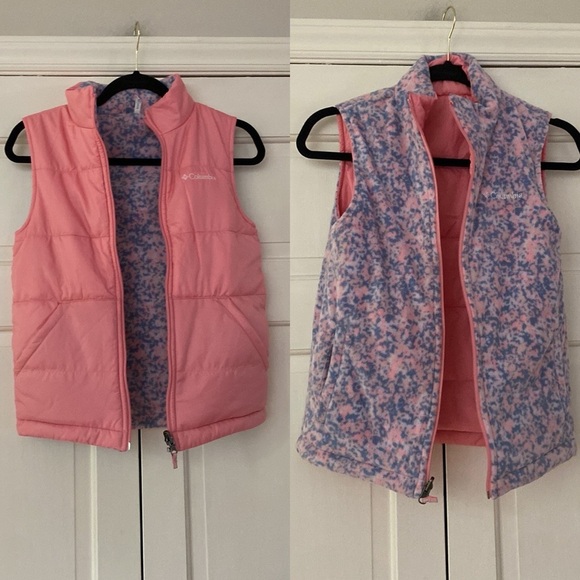 Columbia Reversible Girls Vest Pink Puffer Pink Blue Animal Print Fleece Size M - Picture 1 of 9